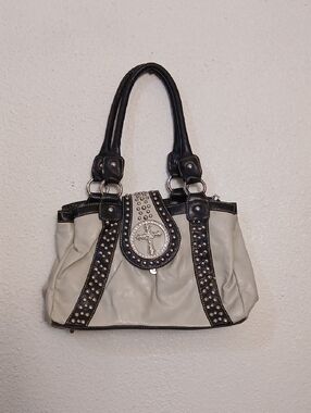 Cream and Black Studded Shoulder Bag with Cross Accent